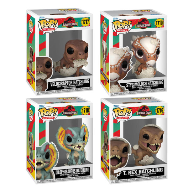 Jurassic Park Hatchling POP! Figuren Tyrannosaurus Rex Dilophosaurus Velociaptor Stygimoloch